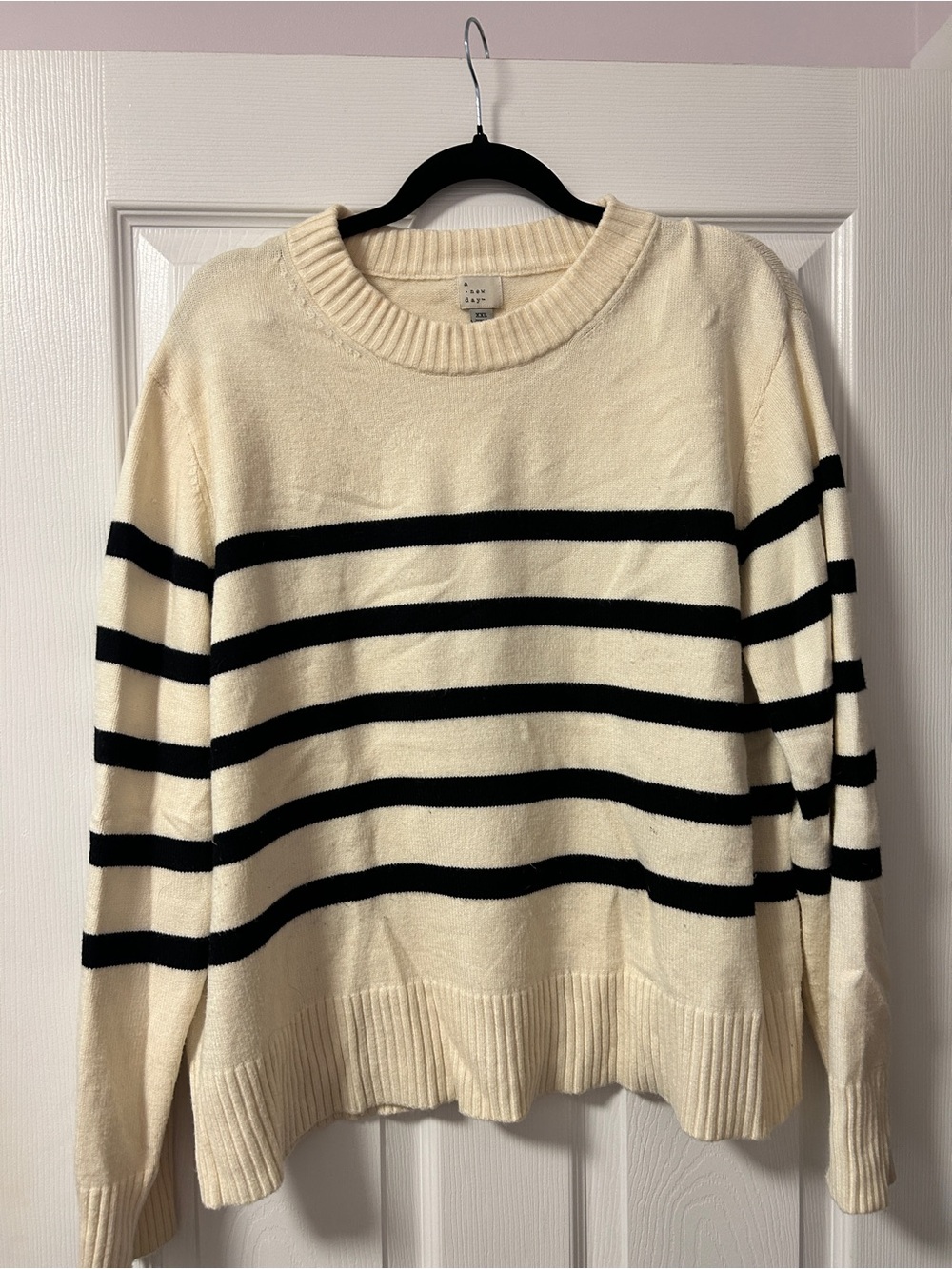 Wome Cream and Black Striped Crewneck Sweater